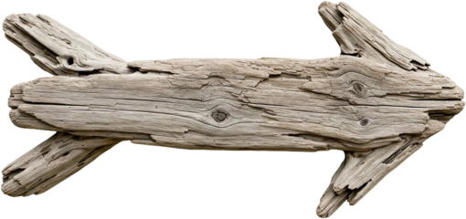 Grey weathered wood arrow isolated on a transparent background, showcasing rustic texture and direction concept, ideal for signage or nature themes png image