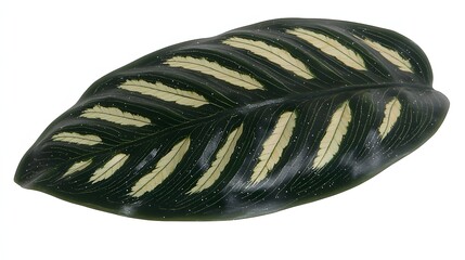 Close Up of Exotic Green Leaf with Striped Pattern and Textured Surface on White Background