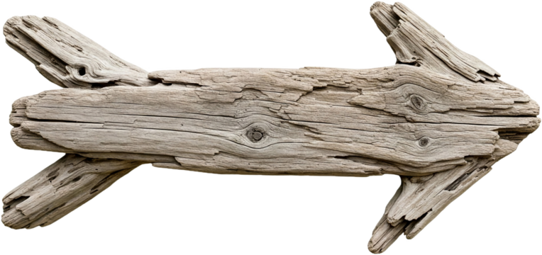 Grey weathered wood arrow isolated on a transparent background, showcasing rustic texture and direction concept, ideal for signage or nature themes png image