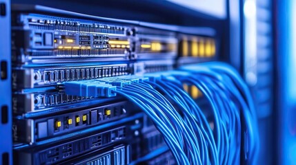Naklejka premium Server Rack, Cables, Data Center, Technological Infrastructure