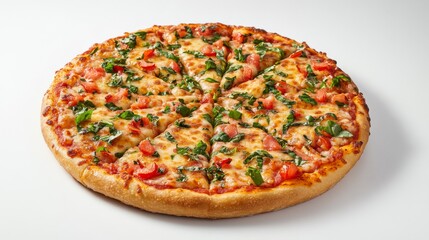 A cheesy margherita pizza with fresh basil and tomato. Featuring simplicity and flavor