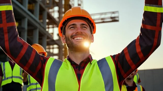 Builder's Triumph: A construction worker, arms raised in triumph, embodies the essence of accomplishment and success amid the backdrop of a construction site, capturing determination and growth.