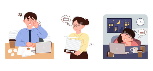 Fototapeta premium People who work too late, are tired and have no energy. Overwork concept character illustration.