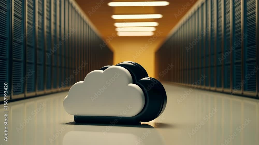 Poster conceptual cloud data storage icon inside a server room, representing digital solutions for business