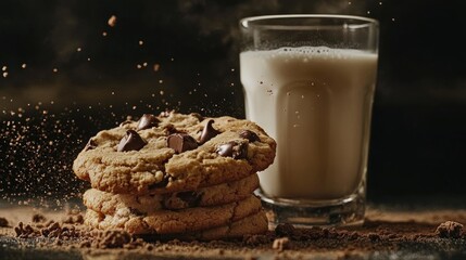 A chocolate chip cookie with a glass of milk. Featuring sweetness and nostalgia