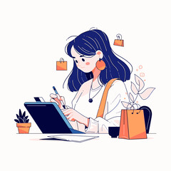 Online Shopping and E-Commerce Vector	A modern flat vector of digital shopping using a tablet, Perfect for e-commerce platforms, retail apps, and promotions.