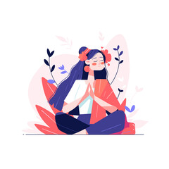 Mindfulness and Meditation Concept	A soft-colored vector of a woman meditating, representing mindfulness and wellness- Ideal for apps, blogs, and mental health content.