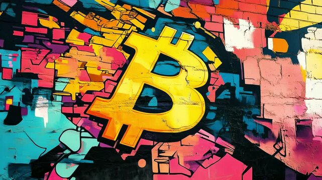 Graffiti wall with large Bitcoin symbol exploding into colorful fragments, wide shot, slow pan/track across mural