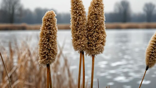 Dried cattails stand along the waters edge in marsh, their silhouettes a stark contrast to muted backdrop of autumn reeds and bare trees.