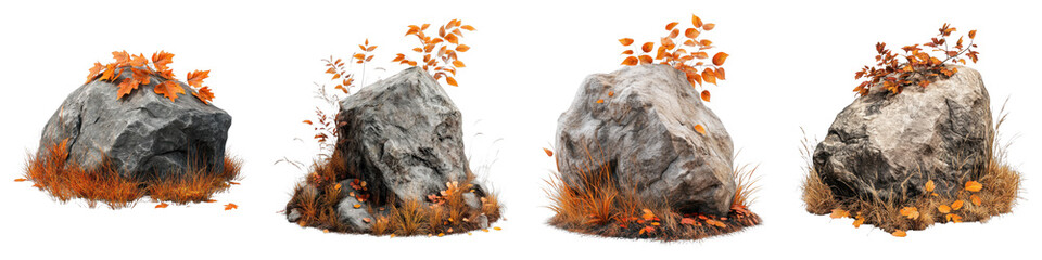 Stone rock with dry autumn grass arround isolated on transparent background. PNG, set of