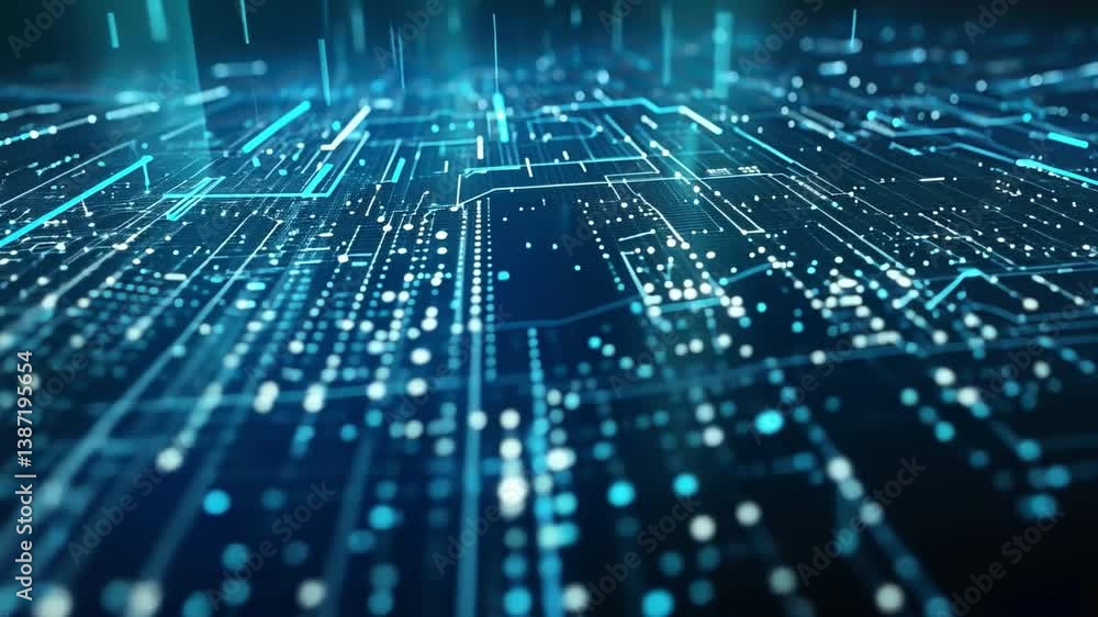 Poster futuristic digital technology background abstract blue lines and dots creating network of data flow 