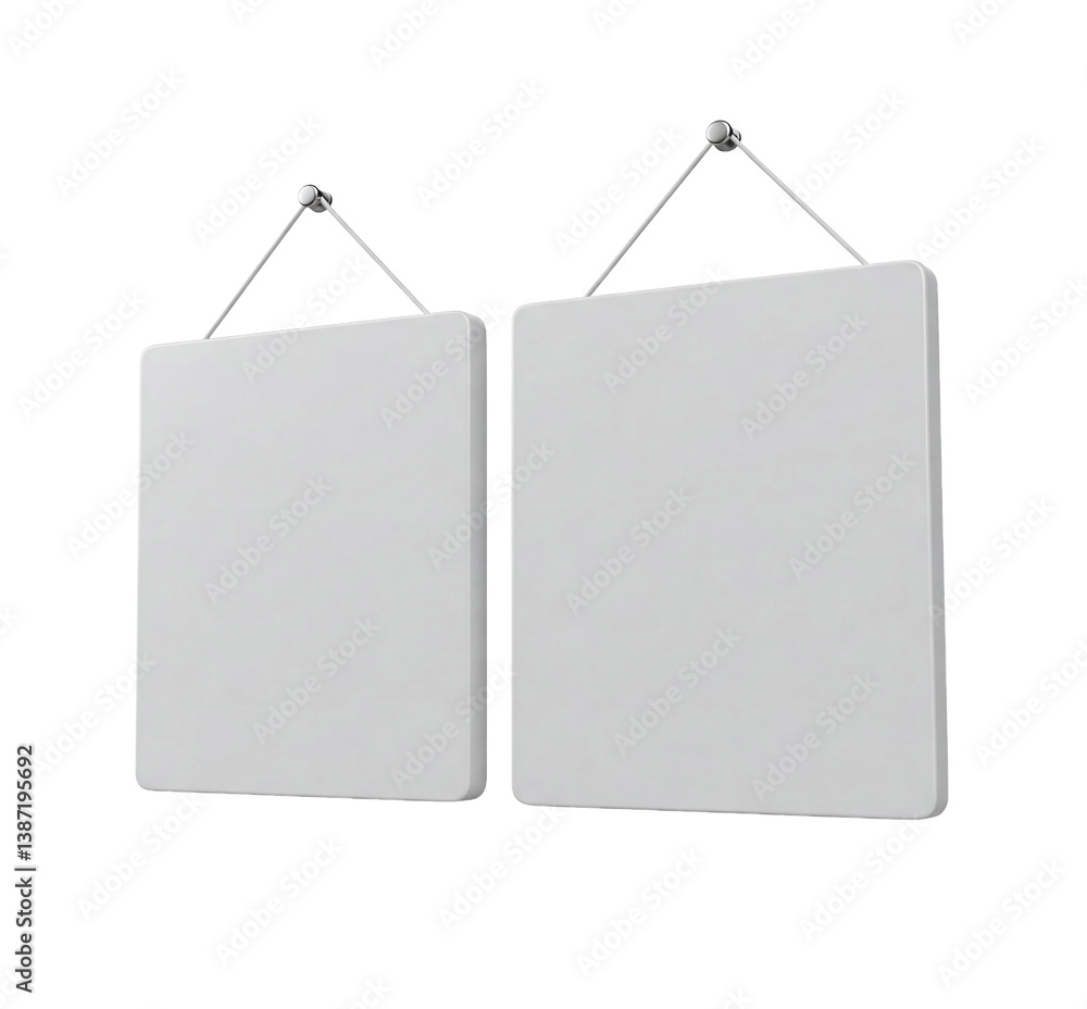 Poster two light gray blank signs, hanging from metallic strings, isolated on a transparent background png 