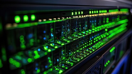 Server rack glowing green lights in data center