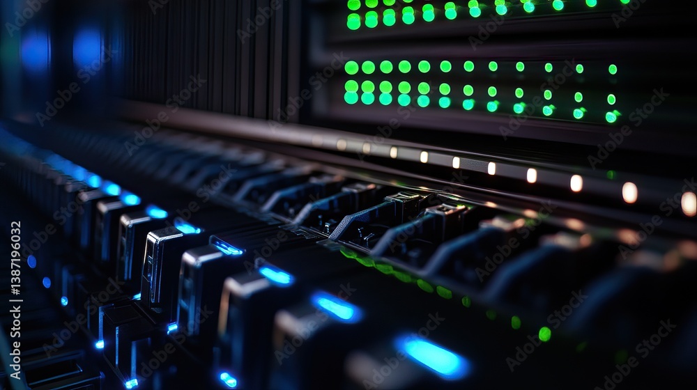 Poster server rack illuminated with glowing lights in data center