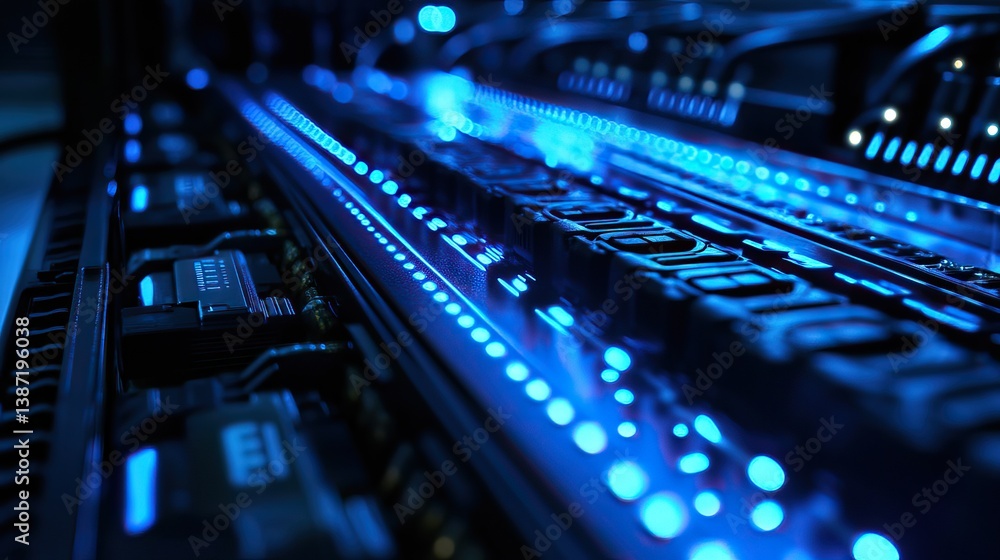 Poster server rack illuminated with blue lights in a data center