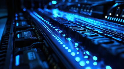 Server rack illuminated with blue lights in a data center