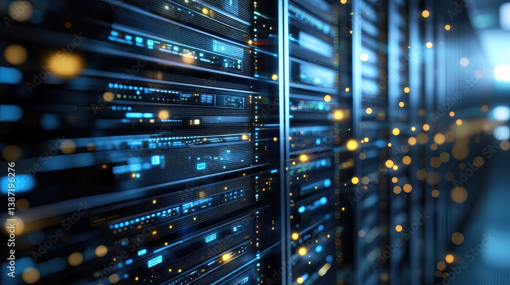 Poster server rack in data center with glowing lights