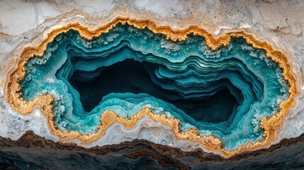Obraz premium A vibrant, digital artwork, 3D rendered to stunning realism, showcases a mesmerizing whirlpool of teal and gold, swirling in a liquid texture like turbulent waves against a marble backdrop, 
