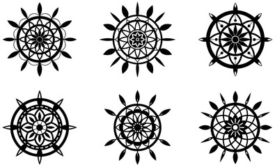  stylized dreamcatcher designs, presented in black and white.