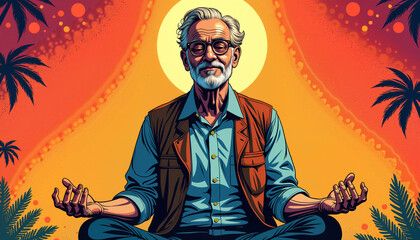 Senior man meditating for International Yoga Day against a colorful background  