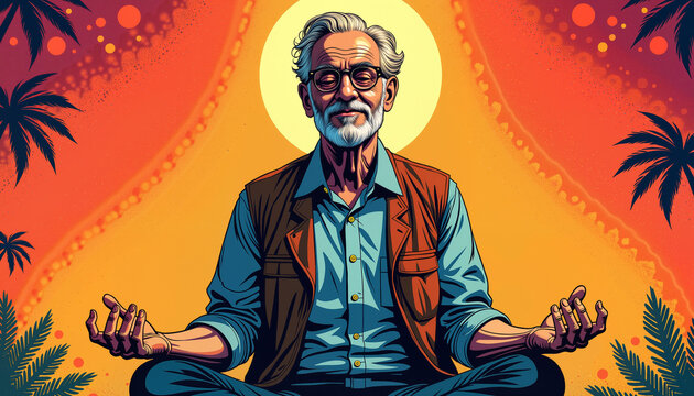 Senior man meditating for International Yoga Day against a colorful background - Powered by Adobe