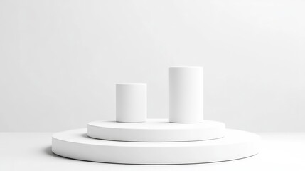 Two white cylindrical forms rest on tiered, circular platforms. The composition is minimalist, with a clean white background. The image is high-quality, with even lighting. The style is simple and