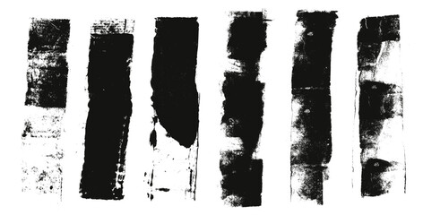 Straight thick grunge underlines. Linocut rolled brush stroke set. Handmade ink rectangle rough stamps. Vector black paint lines shapes. Dry marker or brayer smear textures. Distressed figures.
