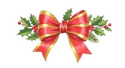 Watercolor Christmas Bow: Festive Red and Gold Holiday Illustration AI Generated