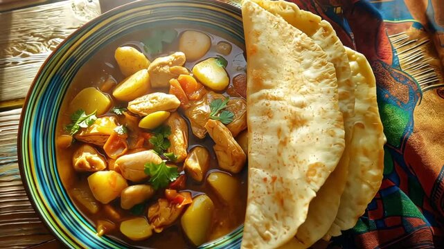 Indian Curry with Flatbread on Traditional Plate