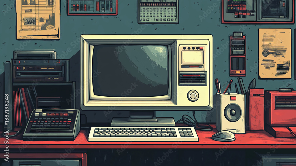 Poster a detailed view of a vintage 1980s or 1990s computer setup on a desk, complete with monitor, keyboar