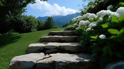 Obraz premium Outdoor stone steps leading to a lush landscape with blooming white flowers, amidst greenery and mountains. A sunny day