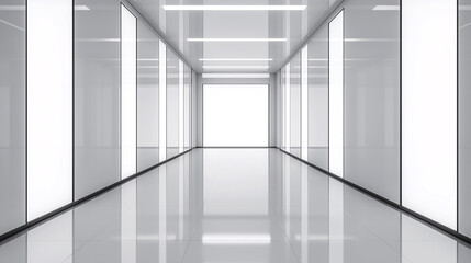 A sleek, futuristic hallway with glossy reflective floors, illuminated wall panels, and a radiant light at the end. Perfect for modern architectural or sci-fi themes.
