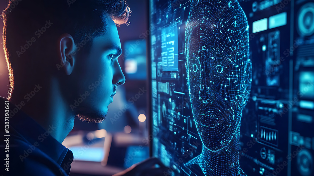 Wall mural a machine learning engineer developing facial recognition systems for security applications, high-te