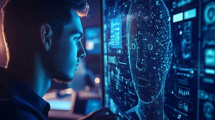 A machine learning engineer developing facial recognition systems for security applications, high-tech security office with surveillance cameras, AI models