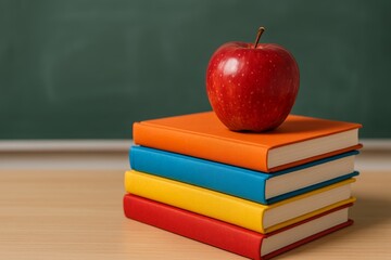 Stacked Books With a Red Apple on Top in Classroom Setting During Study Session