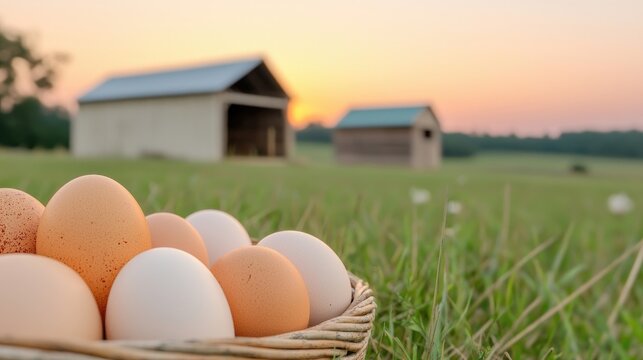 Fresh eggs in a basket on a farm.  Sunrise over a grassy field