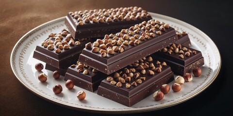 Dark Chocolate Bars with Hazelnuts Arranged on a Plate