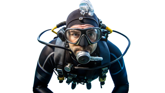 scuba diver in full gear isolated on white background PNG. GENERATIVE AI - Powered by Adobe
