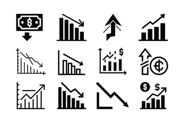 Set of Black and White Financial Chart Icons Showing Growth and Decline