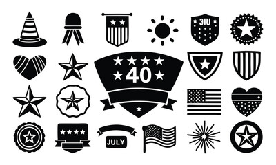 set of shields, set of American Elements ,flag, star, head, man, baloon, cap, love, heart, badge, june, nature, holiday, hand, food,  icon , set on a white background