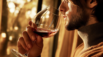 Side profile of bearded man tasting red wine in elegant glass. Male sommelier evaluating wine quality with professional approach against blurred indoor background with copy space.