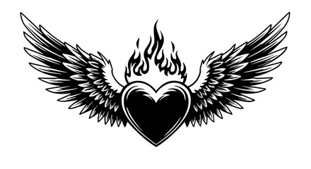 Winged Heart Flames in Vintage Style in Black and White Symbolizing Passion