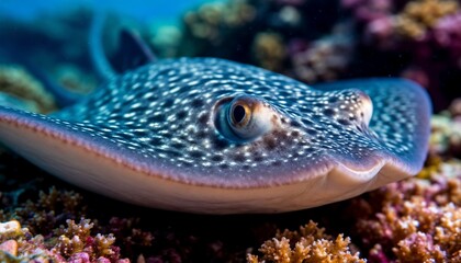 Fototapeta premium Spotted Eagle Ray Resting Coral
