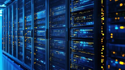 Server racks in a modern data center at night