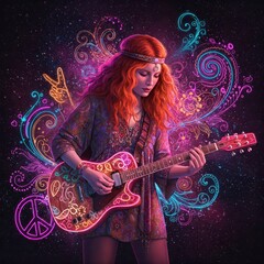Digital illustration of a woman with long red hair, playing a guitar amidst colorful psychedelic patterns.

