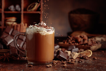 Chocolate drink topped with whipped cream and sprinkled with chocolate chips.