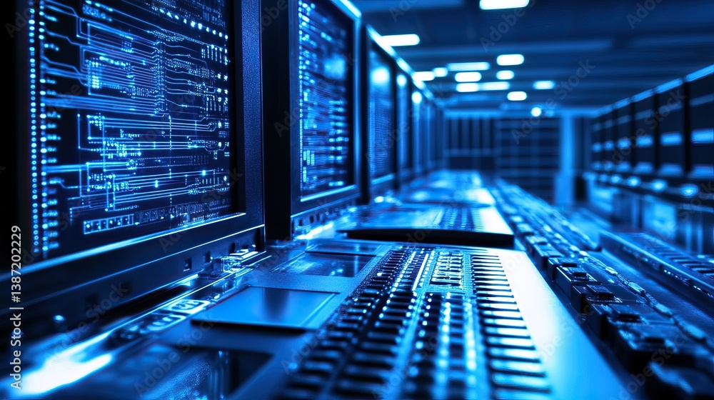 Poster server room computers displaying code