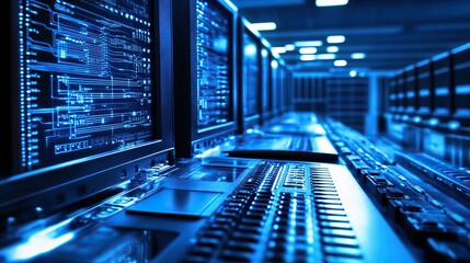 Server room computers displaying code
