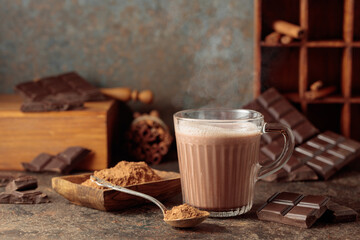 Hot chocolate drink on a brown background.