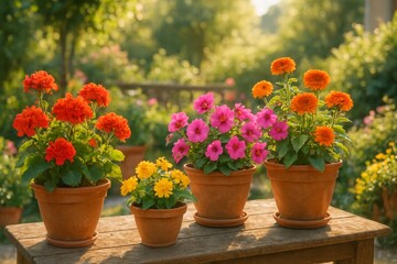 Vibrant Flowers in Terracotta Pots Arranged on a Wooden Table in a Sunny Garden